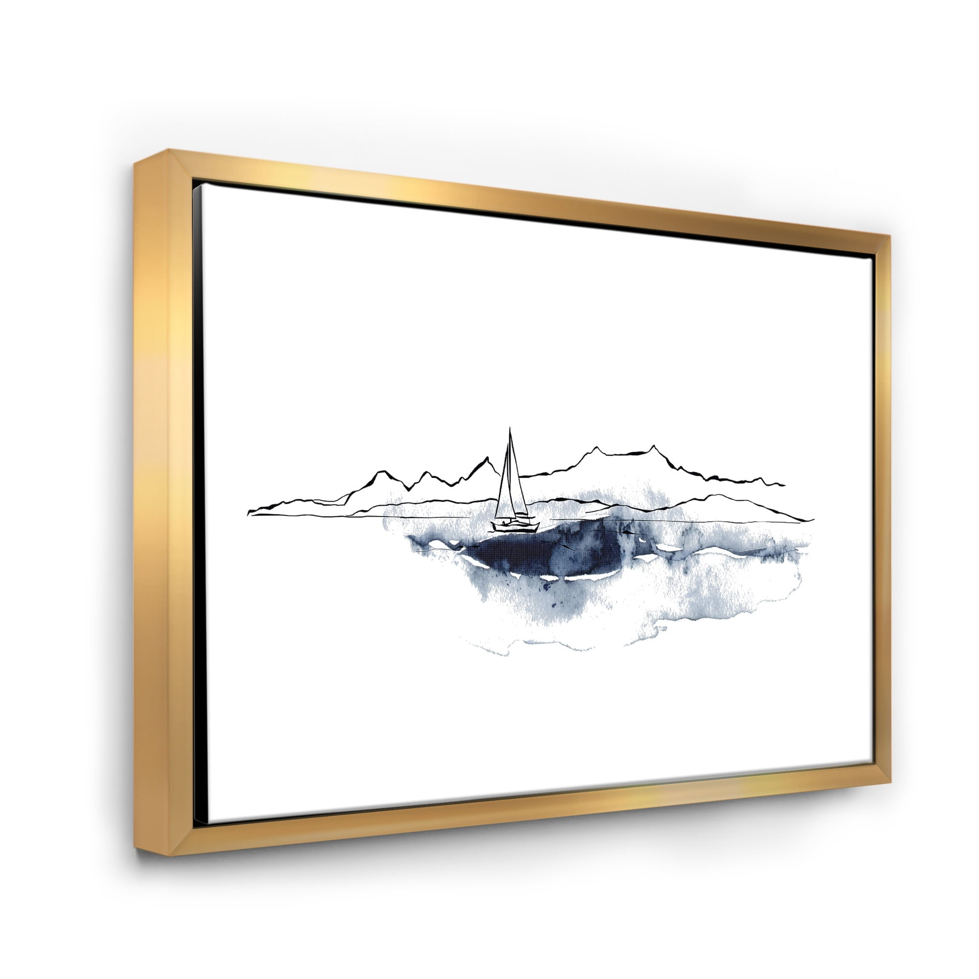 Designart 'Minimalistic Seascape With Boat and Black Mountains' Nautical & Coastal Framed Canvas Wall Art Print