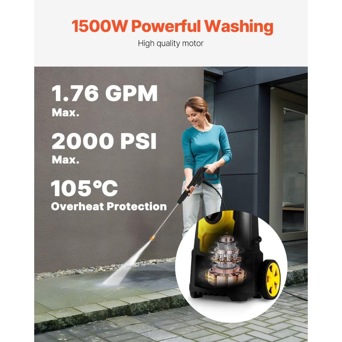 2000 PSI Portable Electric Pressure Washer 1.76 GPM – 30ft Leak-Proof Hose, 5 Quick Connect Nozzles, Foam Cannon, ETL Certified for Patios/Cars/Fences