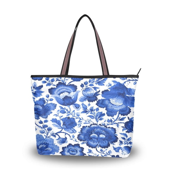 Womens Tote Bag Fashion Handbags Shoulder Bag Lightweight & Multi-Compartment Carryall Blue Floral Pattern L
