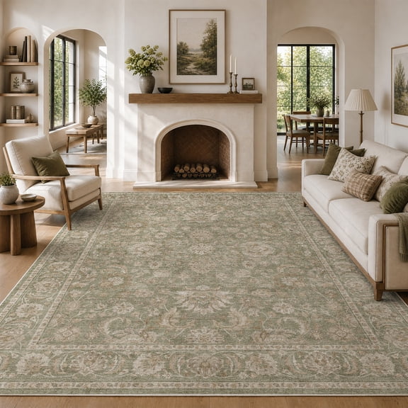 SIXHOME 9'x12' Area Rugs for Living Room Farmhouse Floral Area Rug Machine Washable Neutral Rugs Green