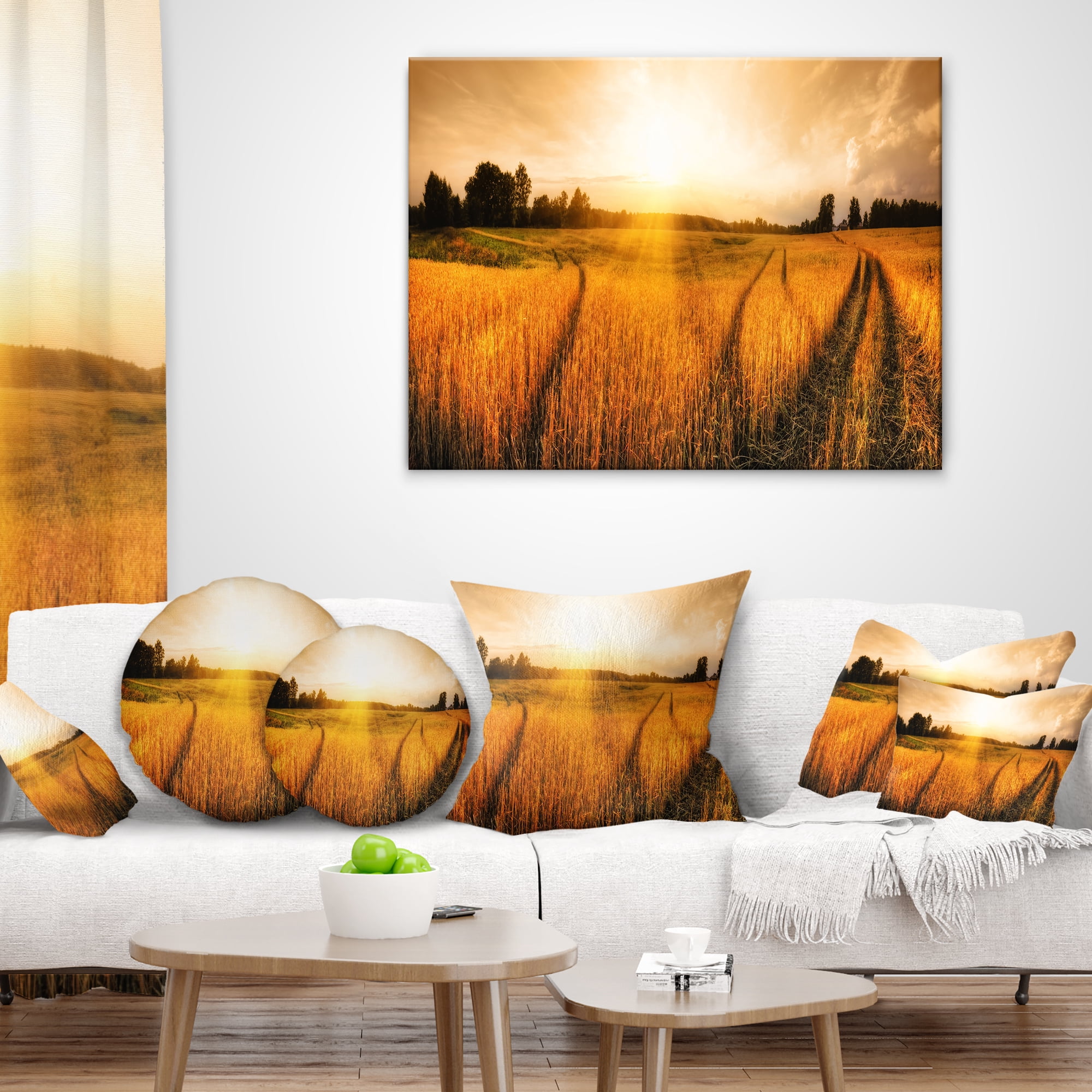 Designart Wheat Field at Sunset Panorama - Photography Throw Pillow - 12x20