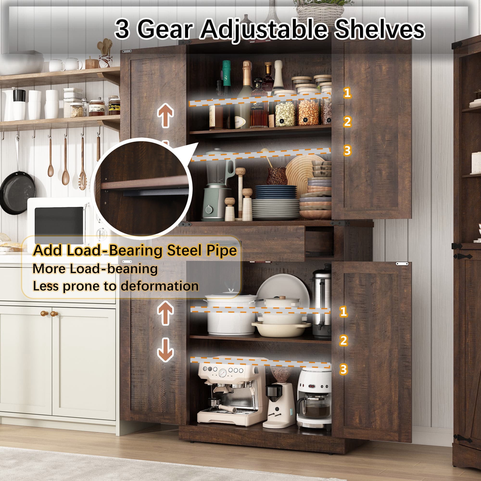 72" Tall Farmhouse Kitchen Pantry Cabinet w/1 Drawer & 4 Roomy Storage Shelves, Versatile Wood Storage Cabinet with 4 Barn Door & Adjustable Shelves & for Dining Room Bathroom Utility Room