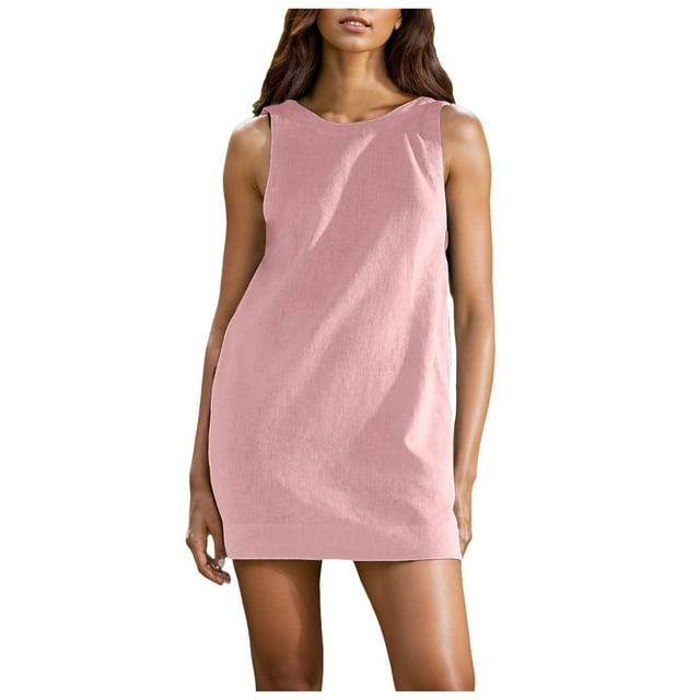 Womens Summer Crew Neck Sleeveless Open Back Dress - Casual Beach Sunshine Linen Mini Dress, Polyester Solid Color Fashion Style