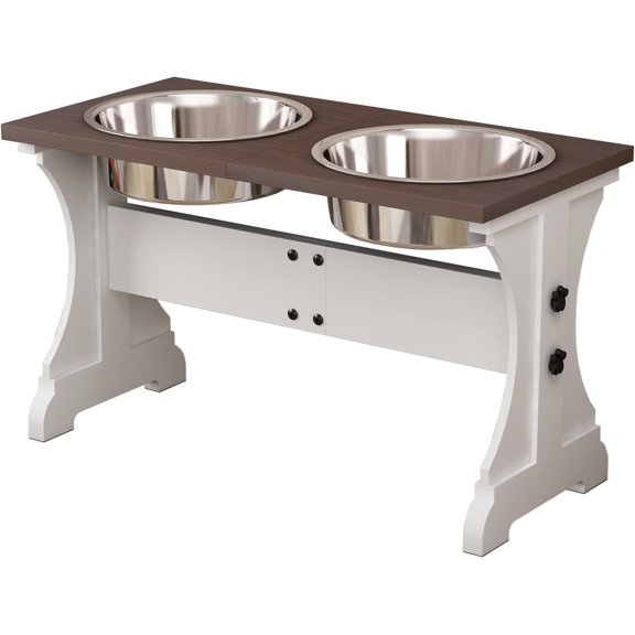 Elevated Dog Bowls,Farmhouse Dog Bowls Stand, Raised Dog Bowl with 2 Stainless Steel Wooden Dog Bowls 9 Cups 13.8''H_80 oz Bowl-Farmhouse Style
