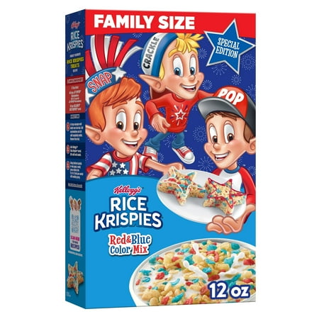 Kellogg's Rice Krispies Breakfast Cereal, Summer Snacks, Family Breakfast, Family Size, Red and Blue Color Mix, 12oz Box (1 Box)