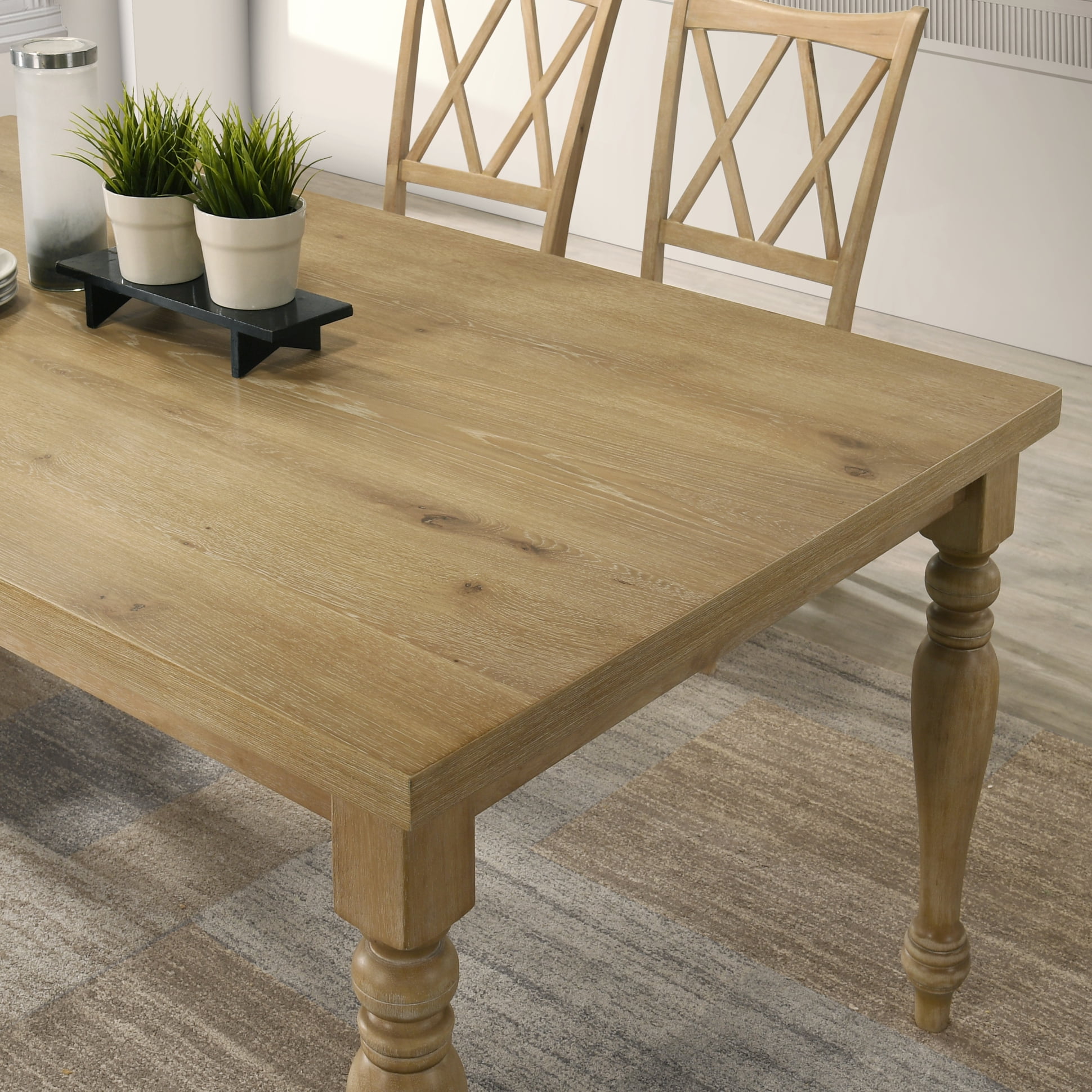 Roundhill Furniture Verta Solid Wood Leg Dining Table with Oak Veneer Top and Turned Legs