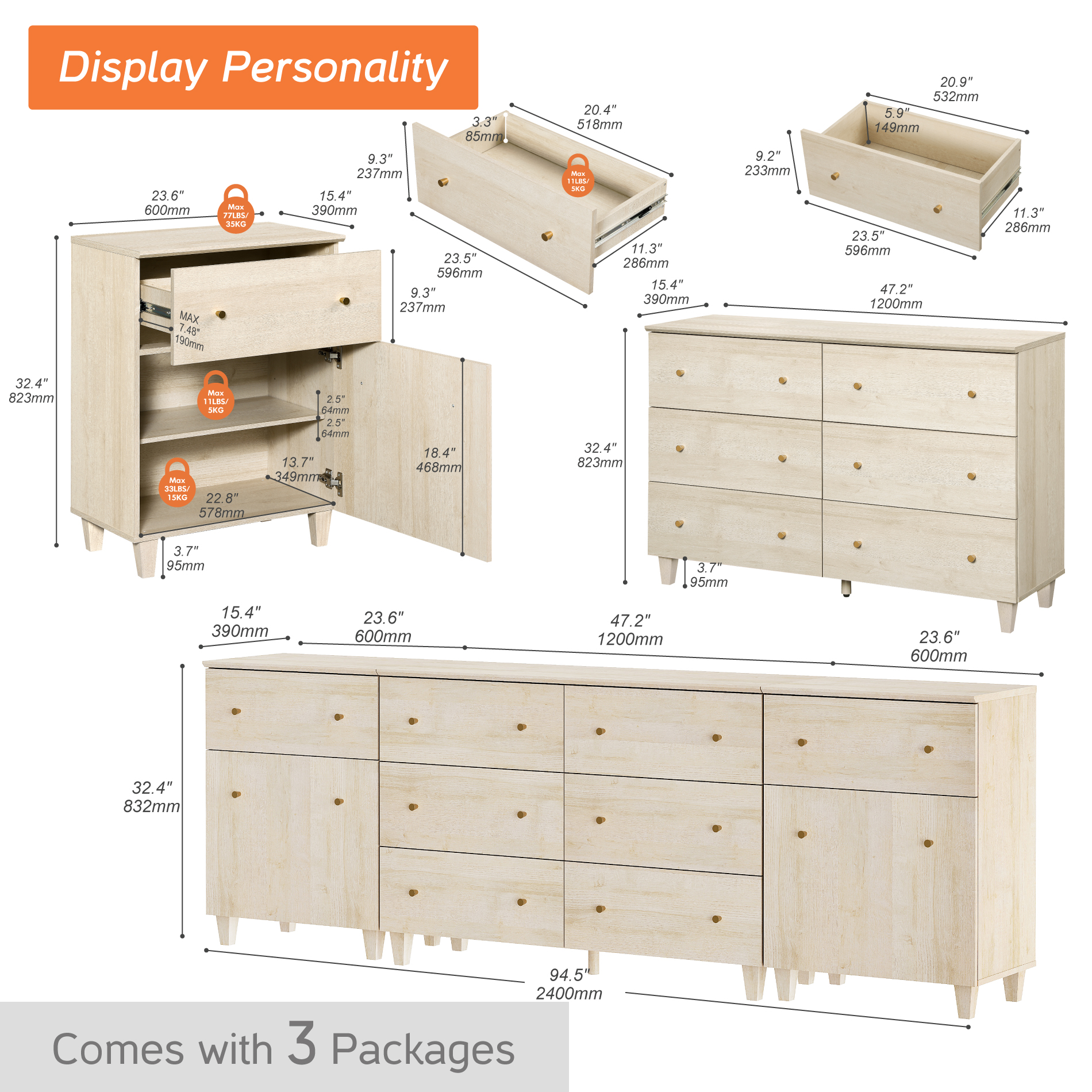 WAMPAT 8 Drawers Dresser with 2 Cabinets for Bedroom, 3-in-1 Modern Wooden Chest of Drawers, 94" Wide, Light Oak Wood Finish