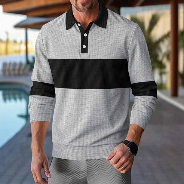 pstuiky camisas de manga larga para hombre, Camiseta de manga larga con solapa y botones de color liso para hombre Tops de hombre s