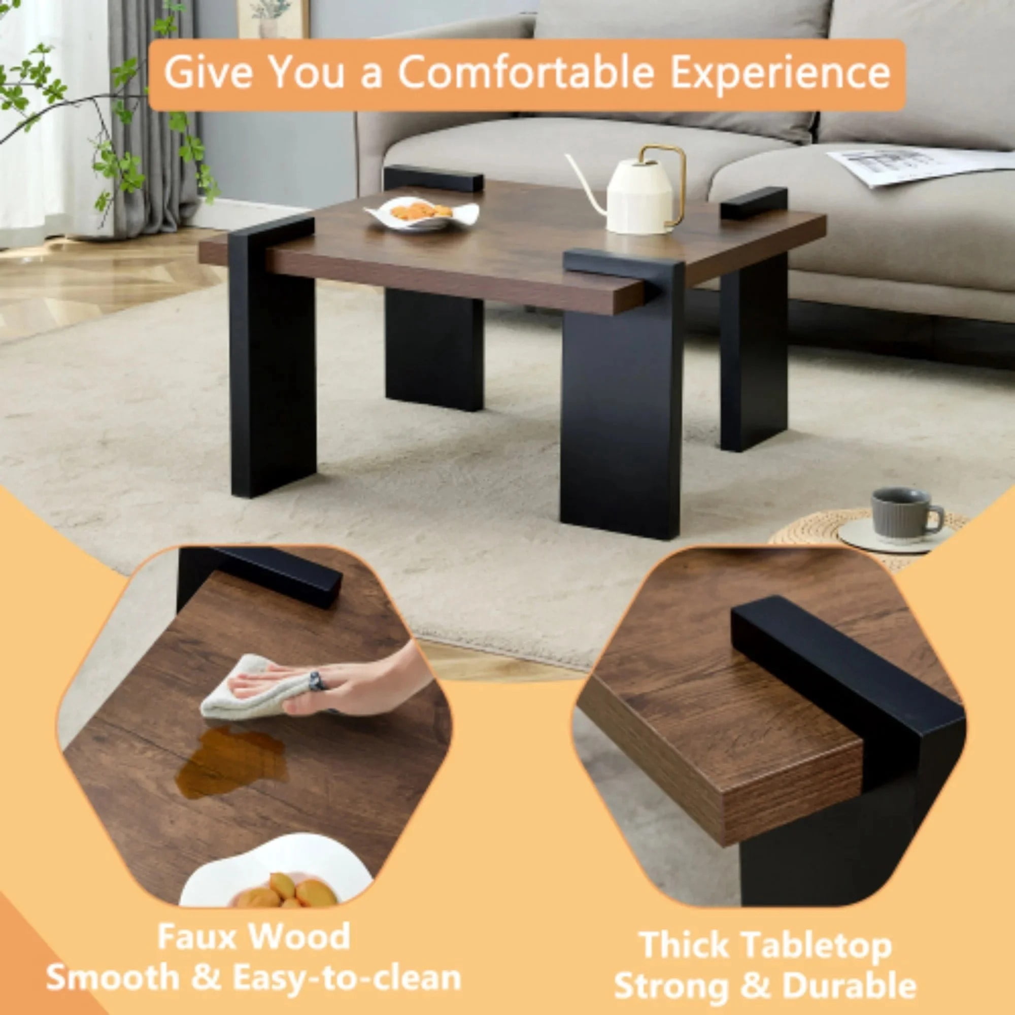 TesNus Modern Square Coffee Table with 4 Legs, Walnut Accent Table with Unique Design for Living Room or Bedroom, Durable and Easy to Clean Furniture Piece