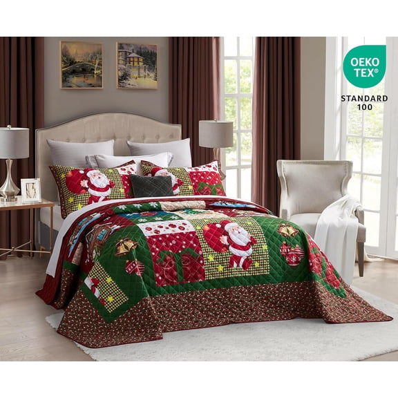 Christmas Oversized Bedspread King Size, Santa Claus Pattern Bedding Quilt, Rustic Plaid Patchwork Coverlet Set, Lightweight & Soft Microfiber, 3 Piece, King/Cal King