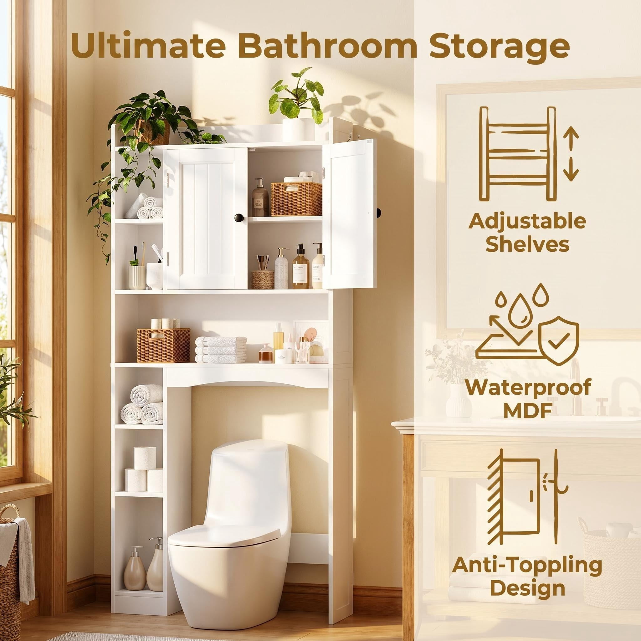 Lofka Over The Toilet Storage Cabinet, Freestanding Bathroom Shelf with Adjustable Shelf and Anti-Tip, White