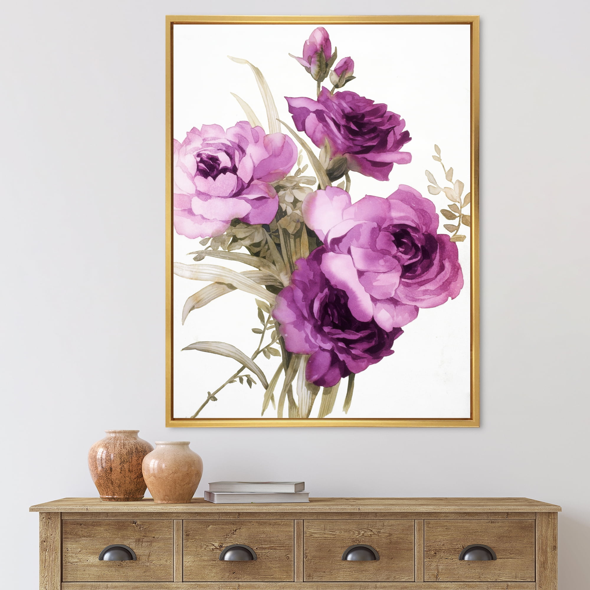 Bouquet of Dark Pink Roses 30 in x 40 in Framed Painting Canvas Art Print, by Designart