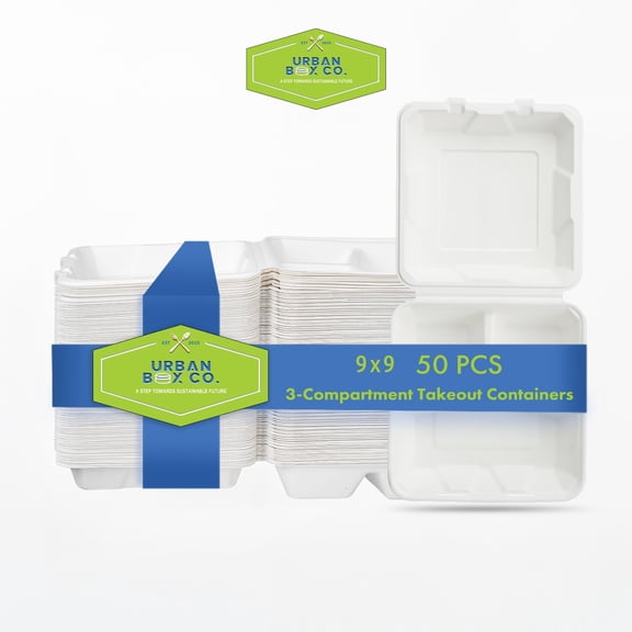 URBAN BOX CO. 50-Pack 9x9 3-Compartment Compostable Takeout Containers, Eco-Friendly Sugarcane Bagasse, Biodegradable Disposable To Go Boxes