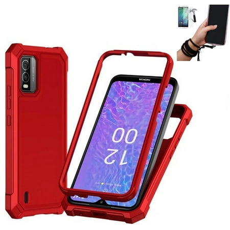 For Nokia C210 Case Shockproof Cover (BP-Hybrid Red Tempered Glass Lanyard Crossbody#6)