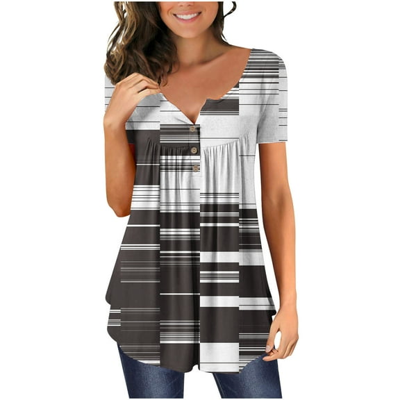 BUIgtTklOP Womens Tops Clearance 2024,Women V- Neck Gradient Printed Tunic Tops Buttons Short Sleeve T-shirt
