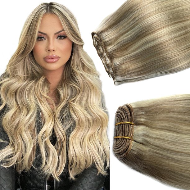 Extensiones de cabello para coser Cabello humano real 16 pulgadas 100G Extensiones de cabello de trama Cabello humano Balayage Rubio ceniza a rubio Destacados Extensiones de cabello de trama atadas a