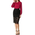 thumbnail image 3 of INSPIRE CHIC Women's Tie V Neck Contrast Piped Long Sleeves Work Solid Blouse Top Burgundy L, 3 of 7