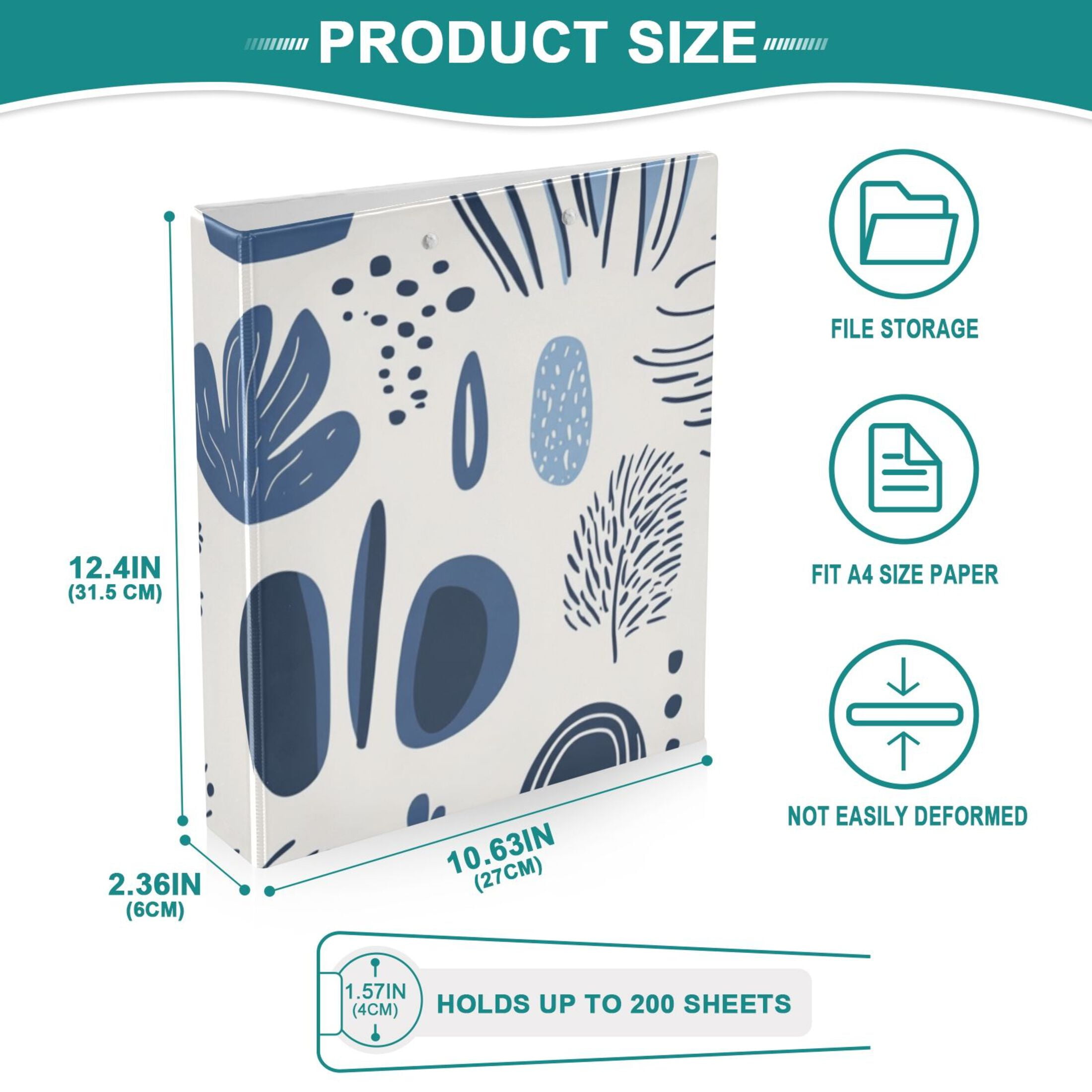 Blue Doodles Lines 3 Ring Binders 1.5 inch Hardcover File Folders with Interior Pockets A4 Size Organizer for School Office Hospital