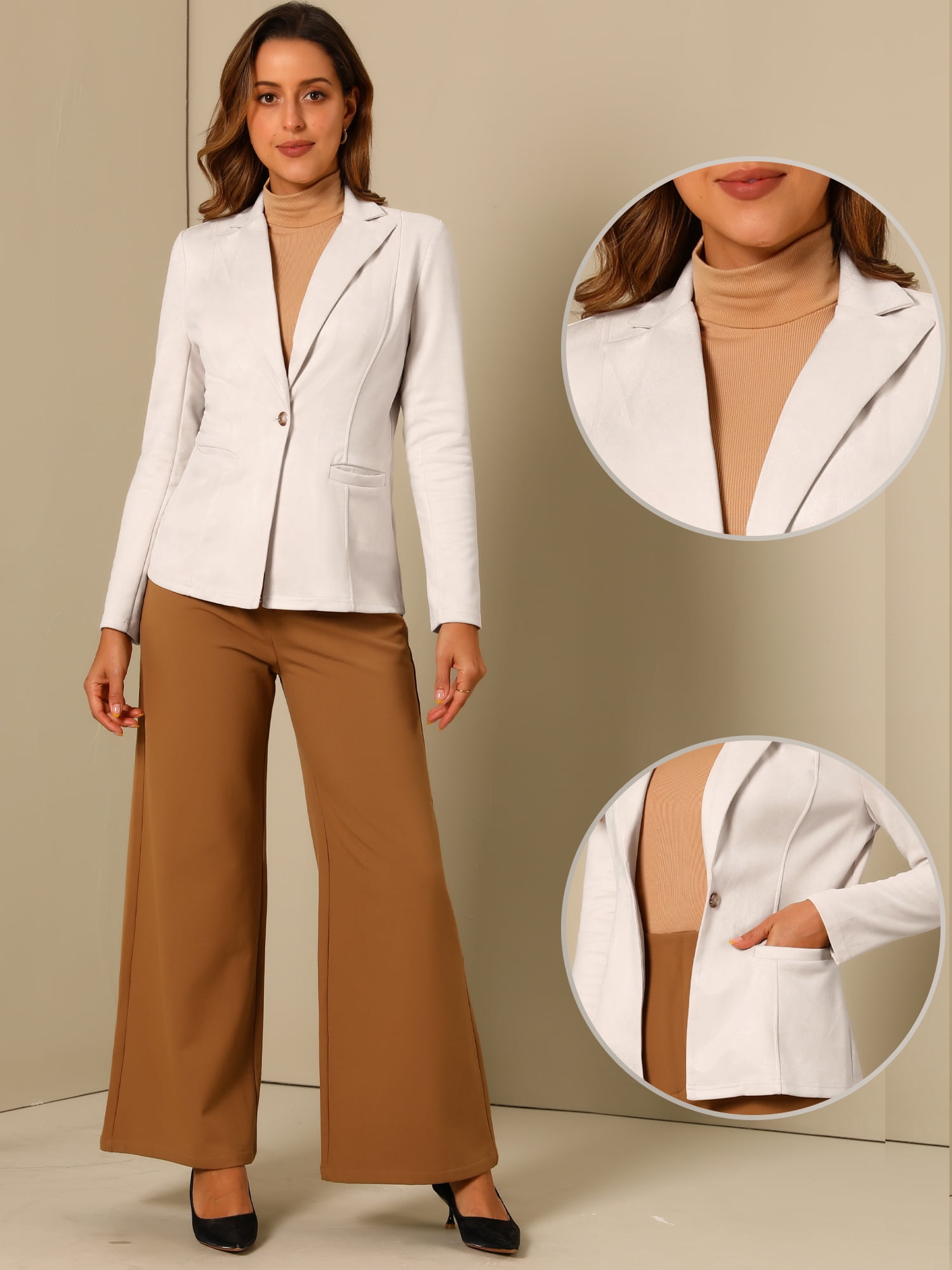 DARING DIVA Lapel Collar Long Sleeve Faux Suede Blazer XS Beige