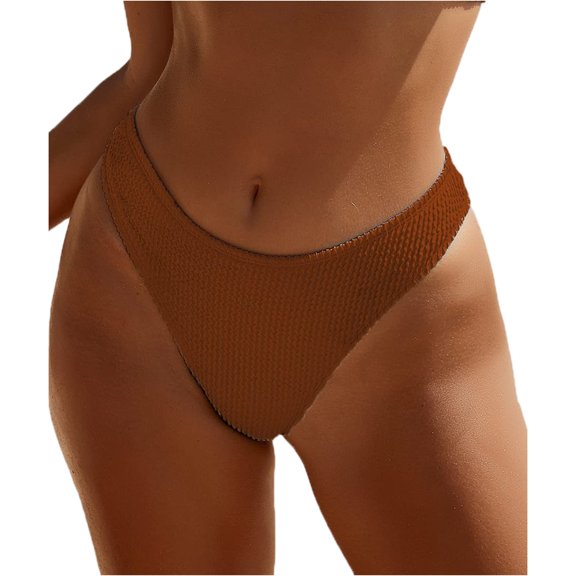 Women's Bikini Swim Bottom Briefs Ribbed High Cut Mid Waist Bathing Suit Bottom Wine L