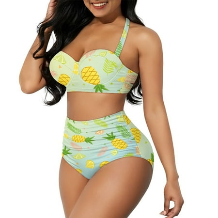Yuyamidu 2 Piece Swimsuit Women V Neck Tie Closure Bikini Sets Pineapple Lemon Halter Backless Bathing Suits Self-Cultivation Swimsuit Cover Up Beachwear Size XL