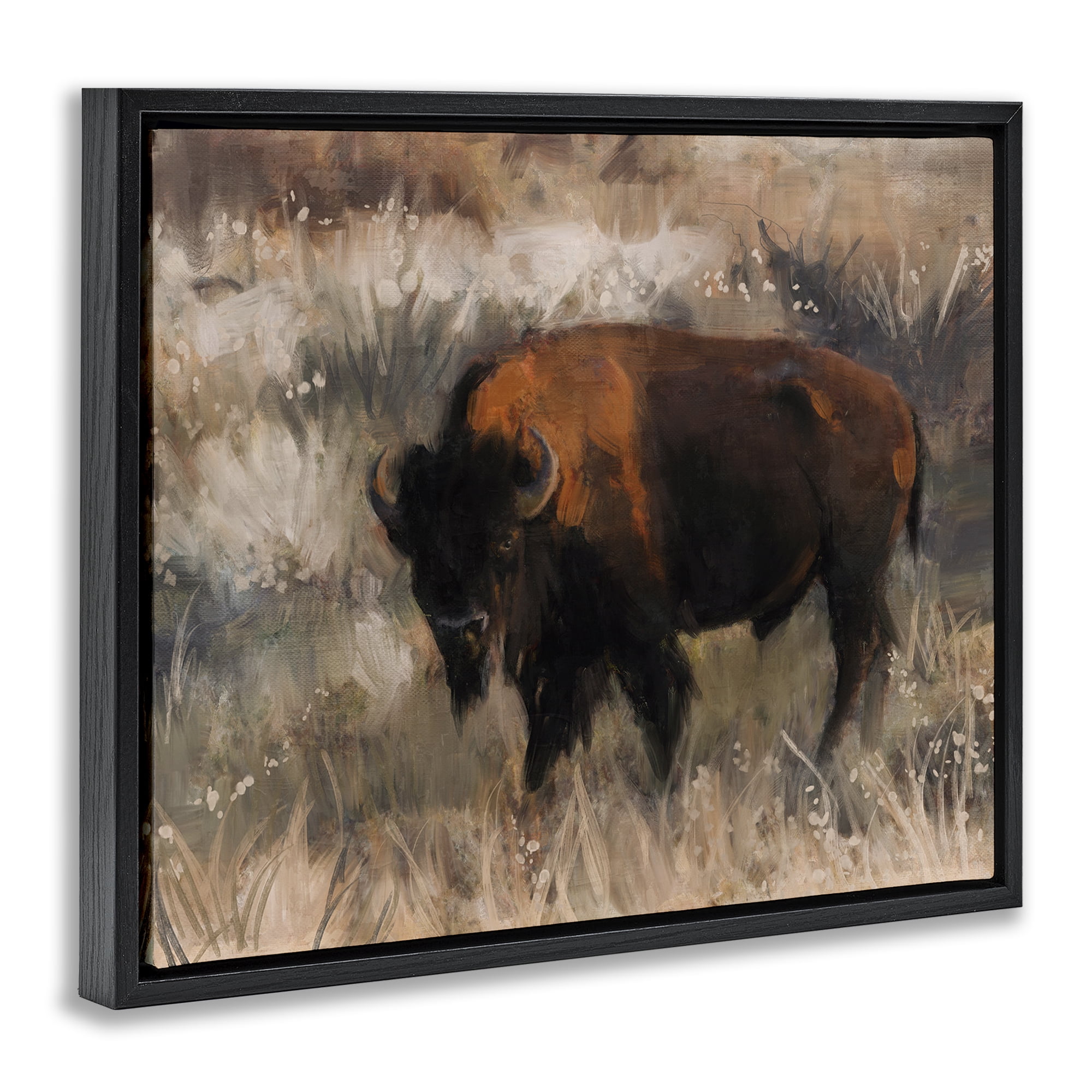 Stupell Industries Traditional Bison Range Animals & Insects Painting Black Floater Framed Canvas Art Print Wall Art, 31 x 25