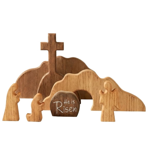 He Is Risen Wooden Empty Tomb Scene Easter Decor Set with Cross & Jesus Nativity Resurrection Figurines, Christian Resurrection Tabletop Home Decoration Religious Gift