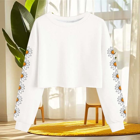 Craaazy Casual Women's Floral Print Crop Top Crew Neck Long Sleeve Cropped Sweatshirt for Spring and Summer Gifts
