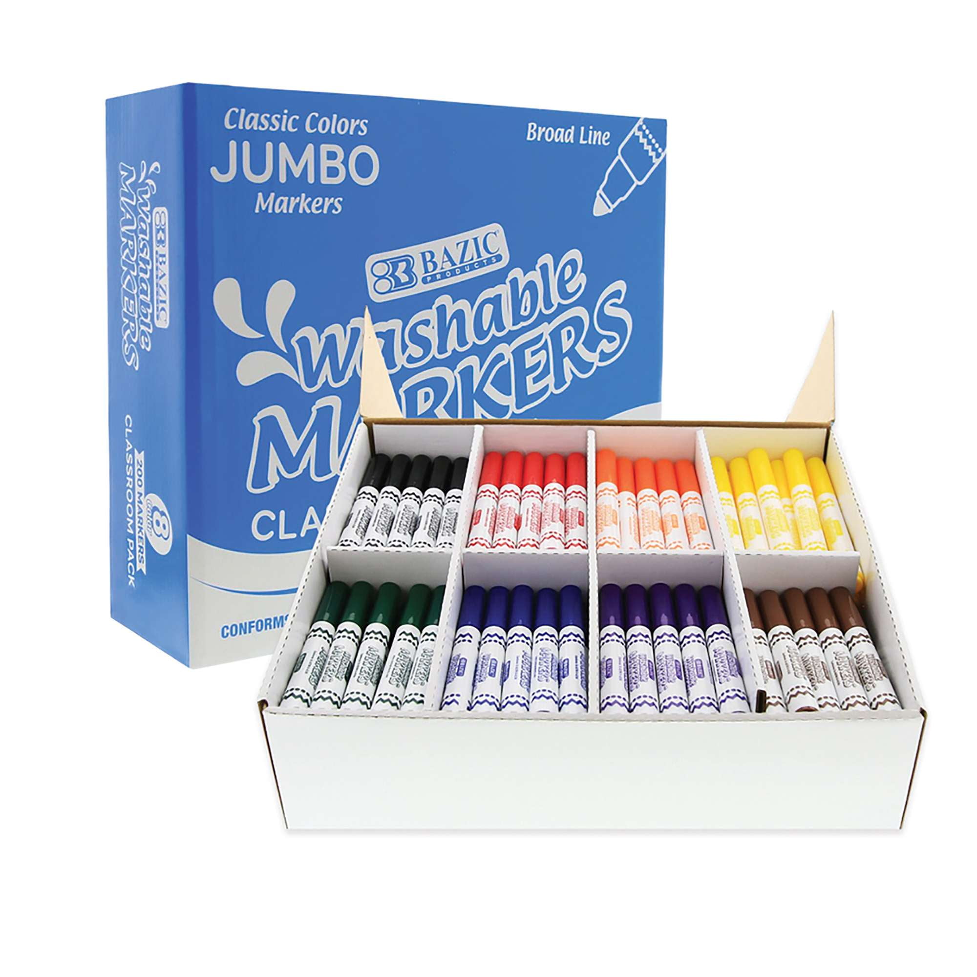 Constructive Playthings BCZ-1235 Jumbo Washable Markers Classroom Pack of 200 Markers in 8 Basic Colors 