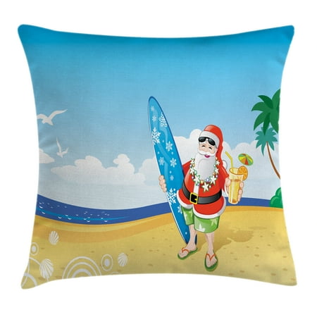 Surfboard Pillows Christmas Decorations Throw Pillow Cushion Cover, Santa on Beach with Surfboard Summer Party Celebration Tropical Art, Decorative Square Accent Pillow Case, 16 X 16 Inches, Blue Yellow, by Ambesonne ()