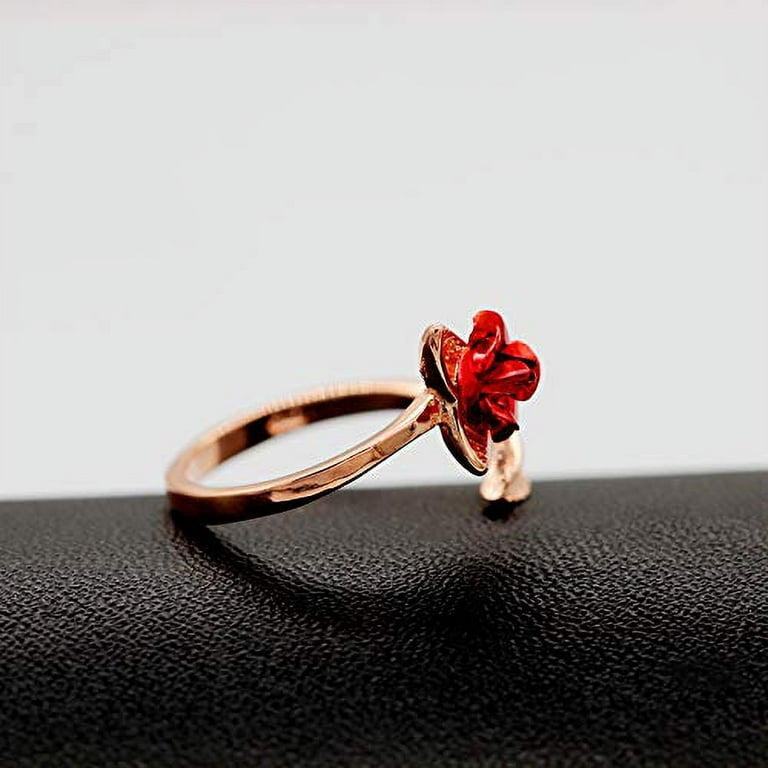 Uloveido Big Crystal Blooming Rose Flower Statement Ring Red Enamel Summer  Rings With Green Leaf Pear Cut CZ Rings for Women (Size 7) RA627 