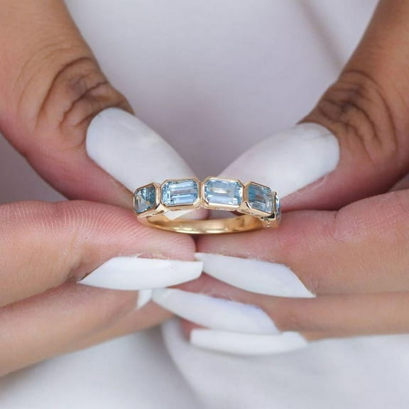 Aquamarine emerald cut half bezel set ring Silver,Natural aquamarine half eternity band ring, Real aquamarine crystal clear ring Silver