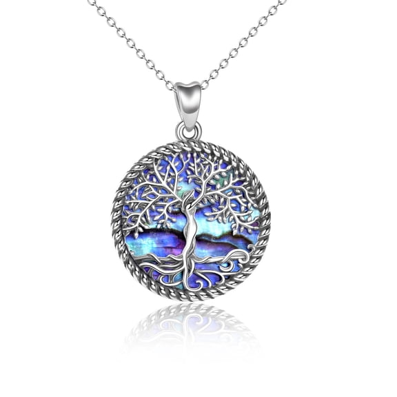 Tree of Life Necklace Sterling Silver Abalone Shell Pendant Necklace Family Tree Jewelry for Women Gifts