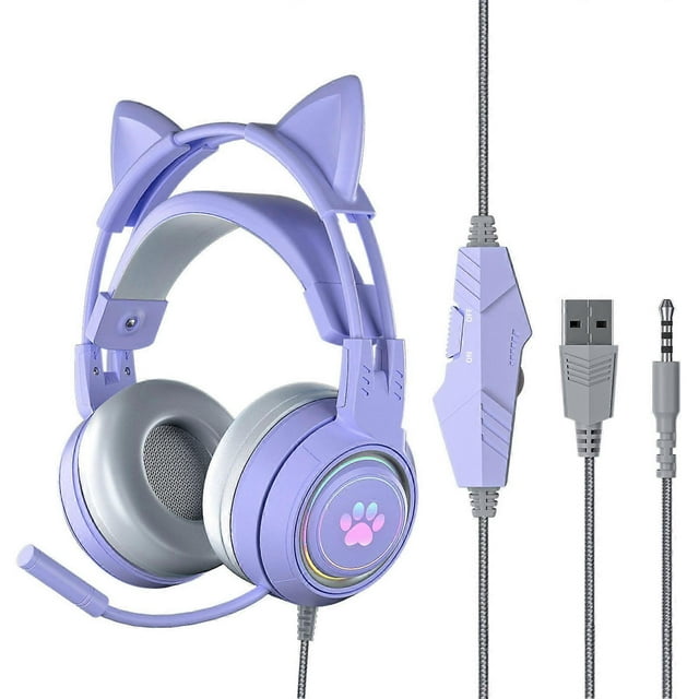 Cat Ear Headphones with Noise Reduction Mic for Girls All Wrapped Earcups Wired Over Ear Gaming Headset for PC Purple