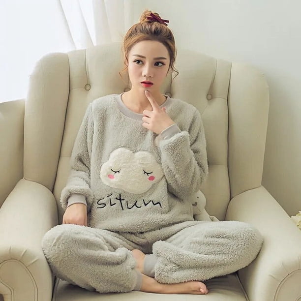 Conjuntos de pijamas de franela para Mujer, ropa de dormir informal de terciopelo, Pijama de dibujos animados para Mujer, ropa de casa cálida, 2 piezas, Otoño e Invierno