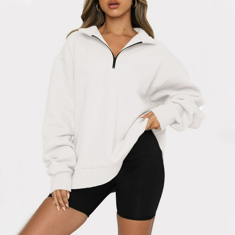 Knosfe Dressy Sweatshirts for Women Classy Oversized Long Sleeve Boho Hoodie  Loose Fall Large Pullover Solid Color Y2k Oversized Sweater V Neck Zip Up  Womens Work Clothes White XL 