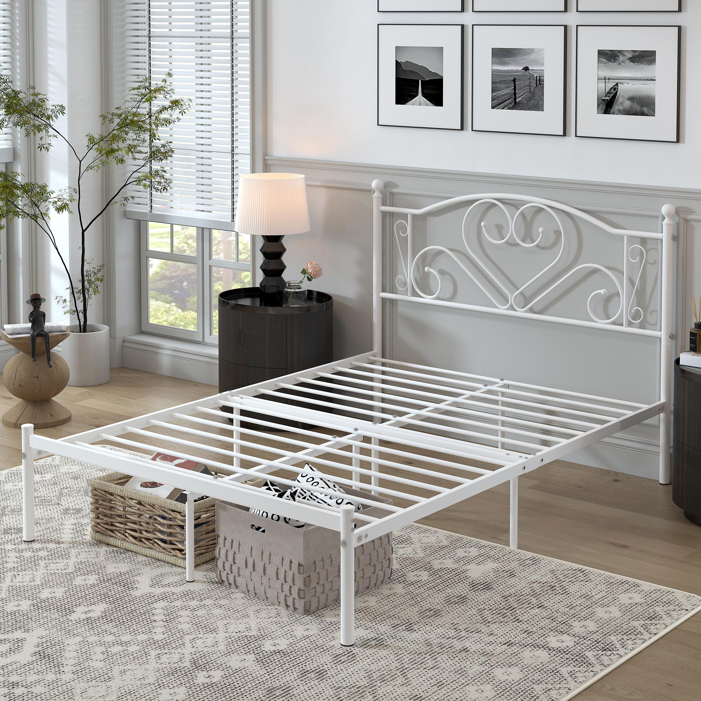 Yoneston 12” Full Size Heavy Duty Metal Platform Bed Frame with Love-Heart Shape Headboard for Bedroom Furniture, White