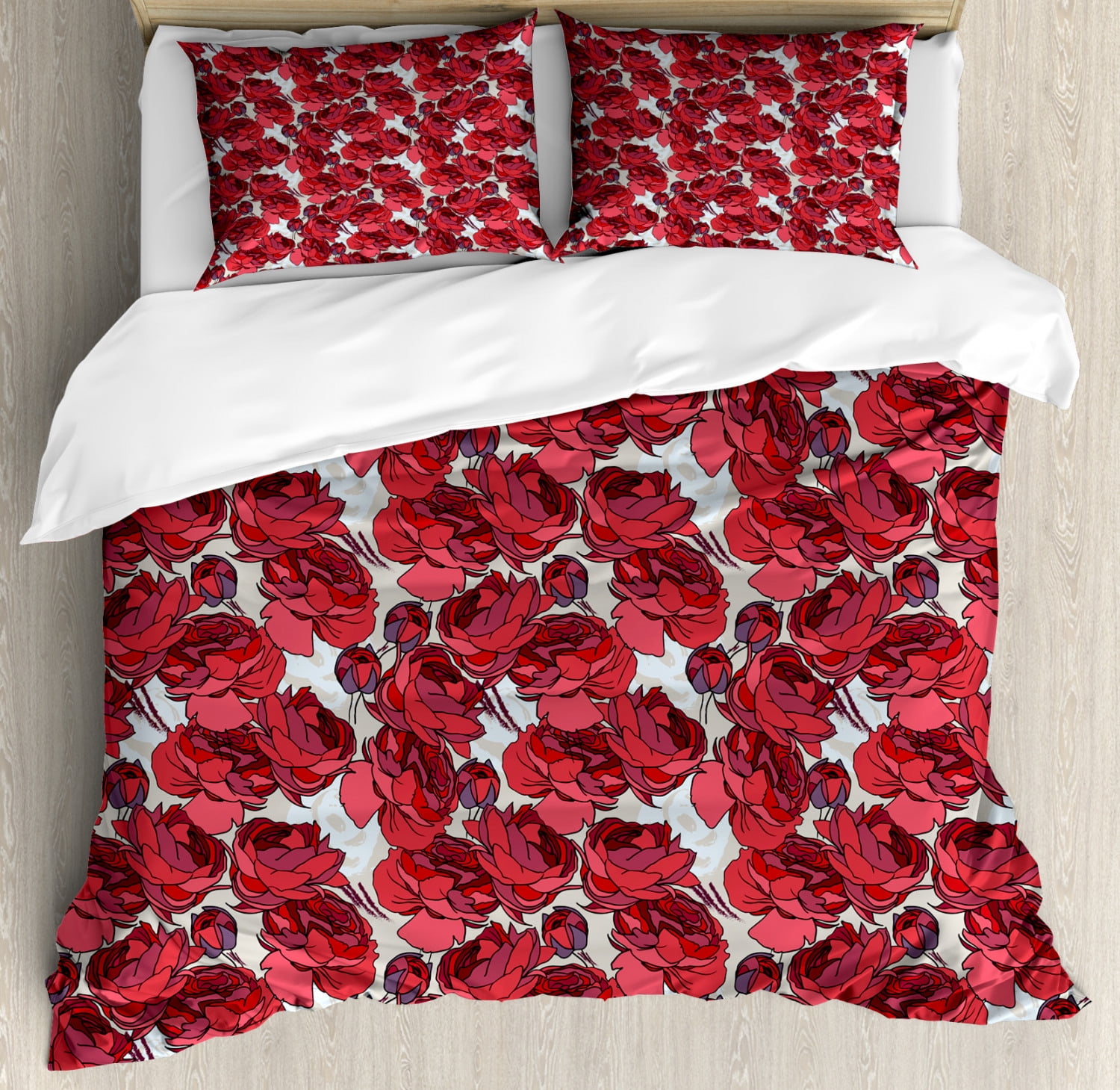 Floral Duvet Cover Set, Vibrant Graphic Design Roses Pattern Blossoms ...