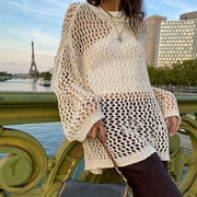 Musuos Women Sexy Hollow-out Knit Smock Blouse, Loose Round Neck Long Sleeve Fishnet Pullover Knitwear