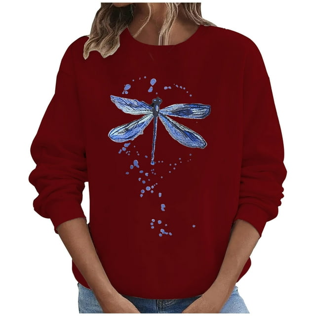 Penkiiy Blouses pour Femmes Hauts d'Automne Manches Longues Chandail Ample Chemise Décontractée Imprimé Poitrine Col Rond Chandails en Molleton Vin Vêtements Y2K
