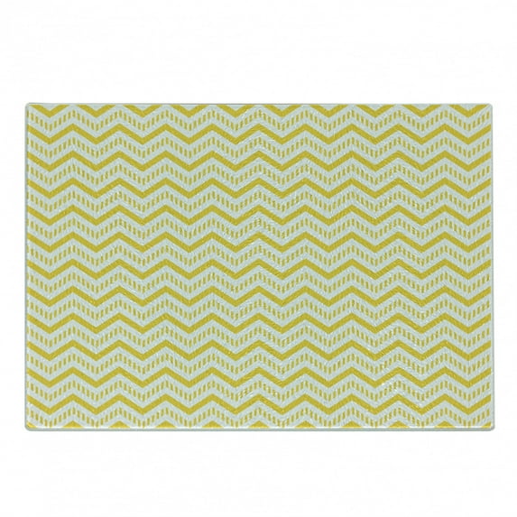 Yellow Cutting Board, Chevron Abstract Zig Zag Pattern Striped Cool Geometric 90s Style Retro Art, Decorative Tempered Glass Cutting and Serving Board, Small Size, White and Yellow, by Ambesonne