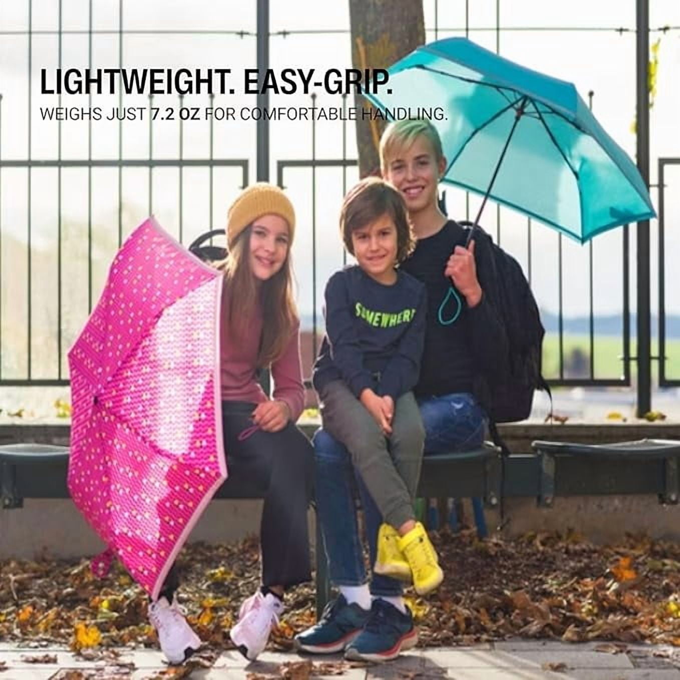 Knirps Triple Pink Rookie Manual Rain Umbrella for Elementary and Middle School Kids – 35.4" Canopy with Reflective Safety Stripe, Lightweight Design, Wind Tunnel Tested, Carrying Case Included