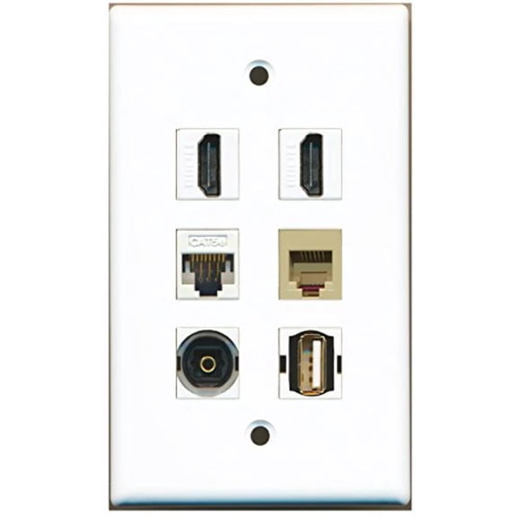 RiteAV - 2 HDMI 1 Port USB A-A 1 Port Phone RJ11 RJ12 Beige 1 Port Toslink 1 Port Cat5e Ethernet White Wall Plate