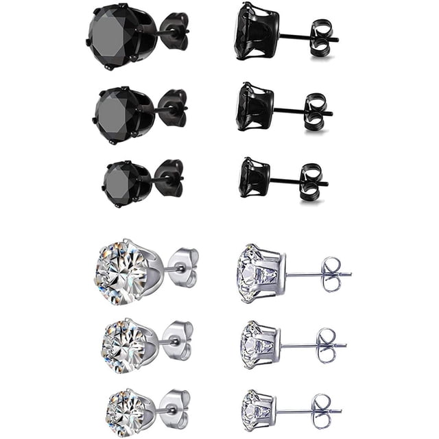 Ensemble de 6 Paires de Boucles d'Oreilles Clous pour Hommes et Femmes en Acier Inoxydable Noir et Transparent Rond Cubique