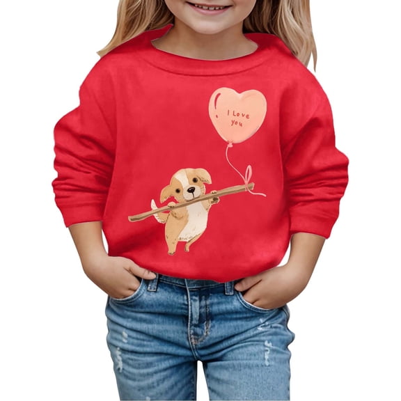 FINALGANG Girls Boys Kids Valentine's Day Sweatshirt Heartr Cartoon Dog Prints Long Sleeve Crewneck Loose Fit Pullover For Daily Casual Outdoor Activities Fashionable Top