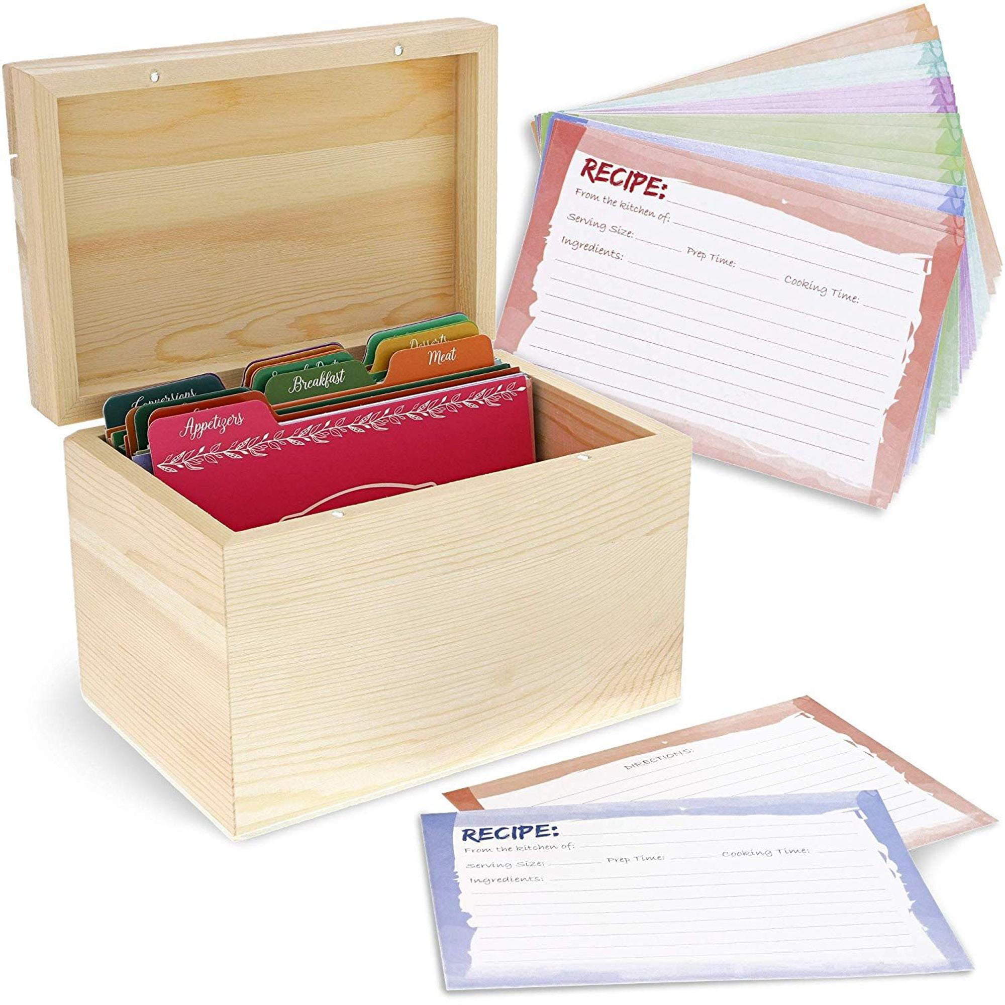 Juvale Unfinished Wood Recipe Box for DIY Crafts with Cards and