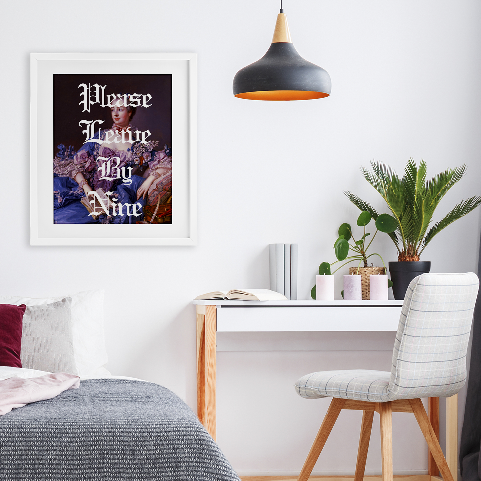 Please Leave By Nine White Framed Print Under Glass, design by Lil' Rue