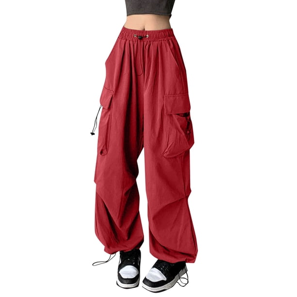 Pantalones cargo holgados para mujer: pierna ancha con cordón, poliéster, ropa urbana/hip hop, tallas S-XXL