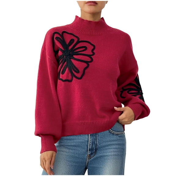 Womens Mock Neck Sweater Pullover Floral Embroidered Lantern Long Sleeve Knit Oversized Sweatshirt Casual Tops (XL, Red)