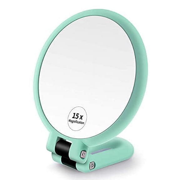 15X Double Side Magnifying Mirror, Adjustable Handle & Stand, Portable, Lightweight, Foldable, 9 X 4.7''